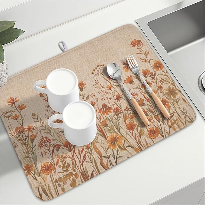Fall Floral Dish Drying Mat for Kitchen Counter 18 x 24 Inch Autumn Sunflower Dish Drainer Mat Absorbent Microfiber Thanksgiving Dish Rack Pad for Coffee Dining Bar Kitchen Decor