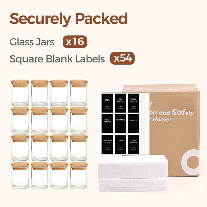ComSaf Spice Jars with Label 4oz 16 Pack, Glass Spice Jars with Bamboo Lid, Mini Seasoning Containers with 54 Black Labels, Stackable for Kitchen, Pantry Organization, Loose Tea, Herbs, Powders, Salt - Image 8