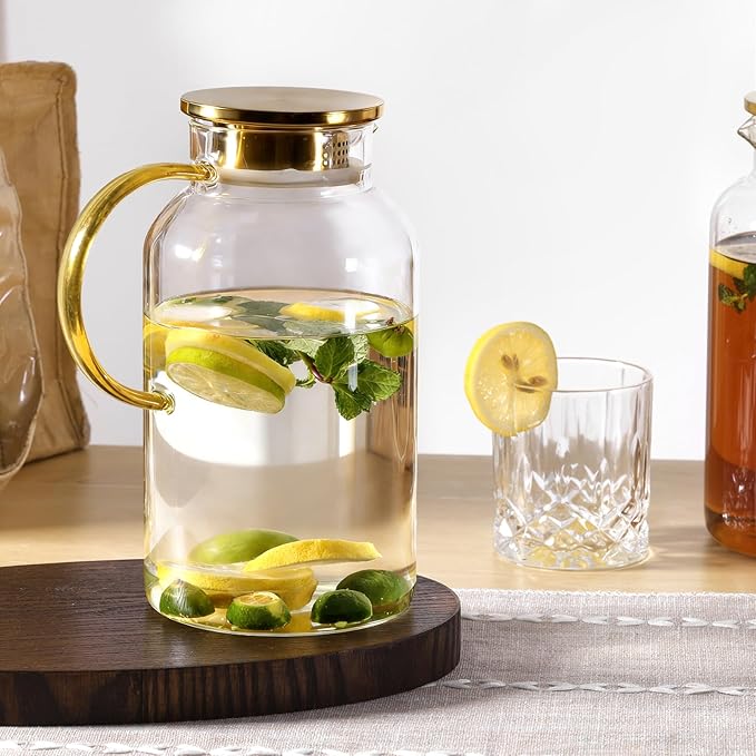 2 Pack 2 Liter/68oz Glass Pitchers with Lid and Handle, Glass Water Pitcher with Lid and Spout for Fridge, Iced Tea, Coffee, Borosilicate Glass Carafe for Hot/Cold Brew Drink