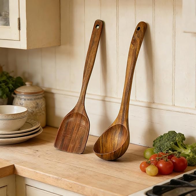 2Pcs Wooden Ladle and Spatula, Natural Acacia Long Handle, Large Capacity, Wooden Soup Spoon and Flat Frying Turner for Cooking, Fry, Stirring, Serving, Non-stick Kitchen Utensils Cookware