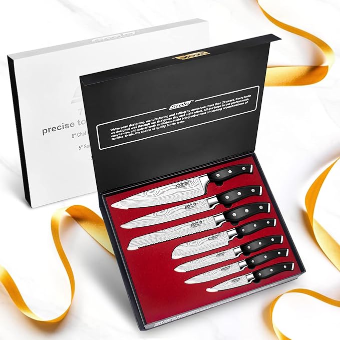 SCOLE® Chef Knife Ultra Sharp Kitchen Knife Set 7-Piece, Premium German 1.4116 Stainless Steel Chefs Knife Set, Ergonomic Handle Professional Full Tang Knives Set for Kitchen with Gift Box