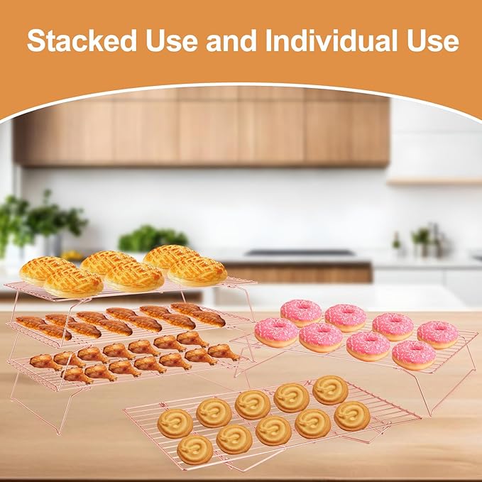 Cooling Rack for Baking 3 Tiers, 16" x 10" Cookie Cooling Wire Rack Stackable Collapsible Nonstick, Stainless Steel Baking Cooking Cooling Racks with Optimum Air Flow, Rose Gold - Image 7