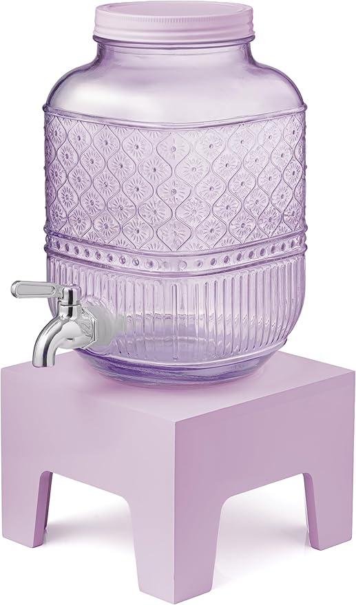 Beverage Dispenser 1 Gallon, Glass Drink Dispenser with Wooden Base Stand, Wide Mouth Jar for Lemonade, Iced Tea, Infused Water, Vintage Kitchen Decor - Lavender