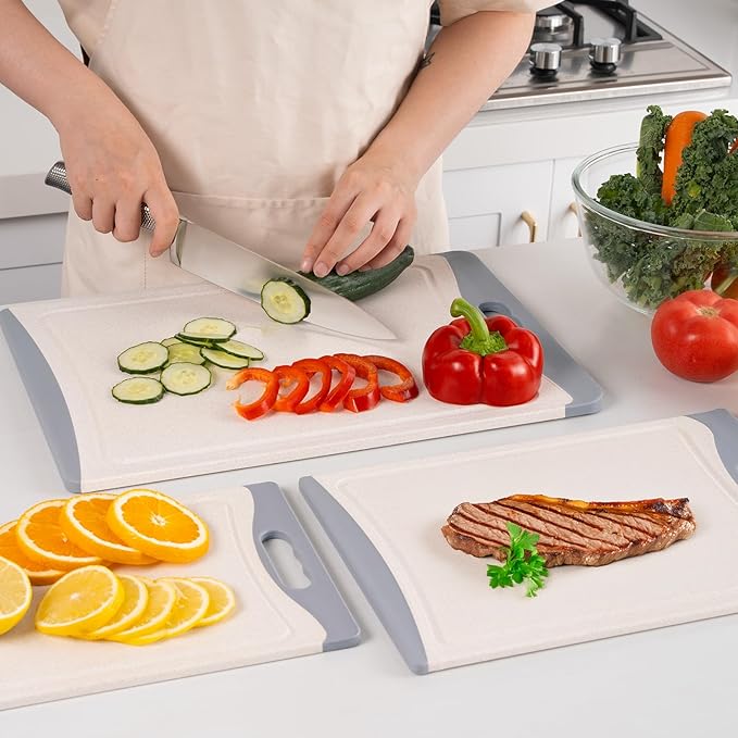Extra Large Cutting Boards, Plastic Cutting Boards for Kitchen (Set of 3) Cutting Board Set Dishwasher Chopping Board with Juice Grooves Easy-Grip Handles, Beige, Empune - Image 7