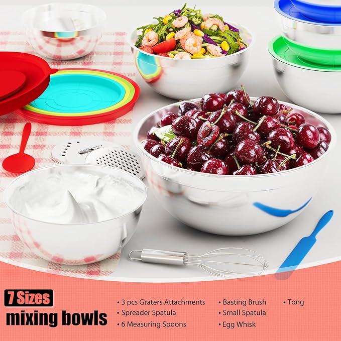 ENVTEK Mixing Bowls with Lids Set, 7 PCS Stainless Steel Mixing Bowls with 3 Grater Attachments, Size 4.5, 4, 3.5, 2.1, 1.5, 1.1, 0.7QT, Ideal for Kitchen Cooking Baking & Serving - Image 8