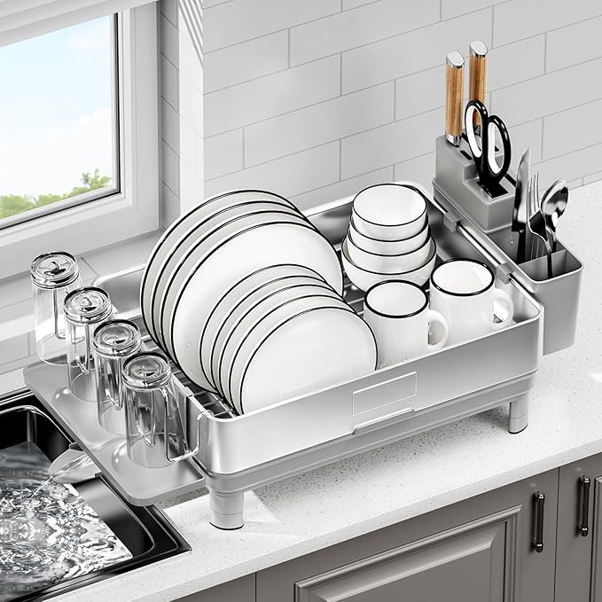 Ewaiira Dish Drying Rack, 304 Stainless Steel Dish Racks for Kitchen Counter, Dish Drainers with Automatic Drainage, Utensil Holder & Cups Holder, Space Saving Kitchen Organizer, Gray - Image 9