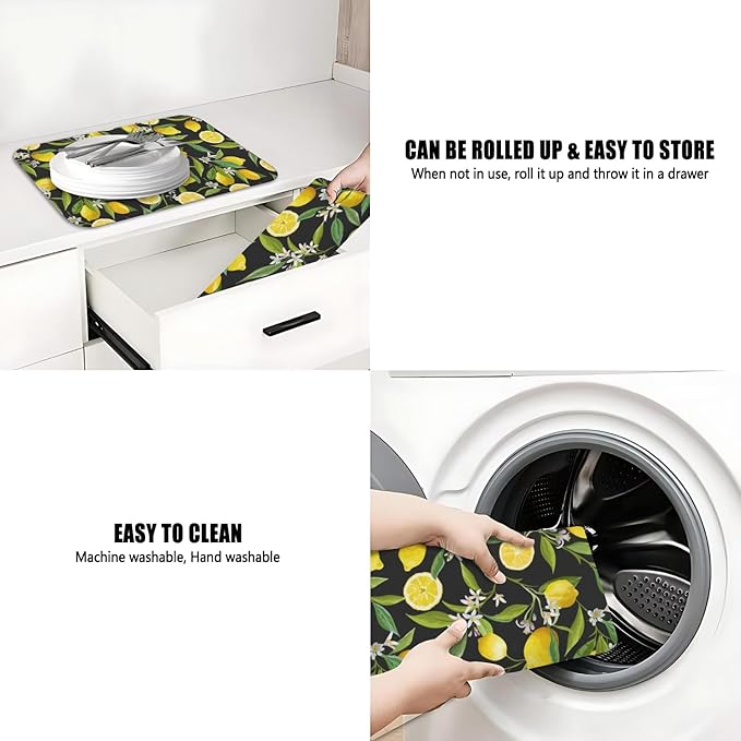 Dish Drying Mat for Kitchen Counter 2 Pack with Non-Slip Rubber Backing - Heat-Resistant Absorbent Coffee Bar Mat, Dish Rack Mat, Lemon Dish Drying Mats 18x24+19.5x12 inch