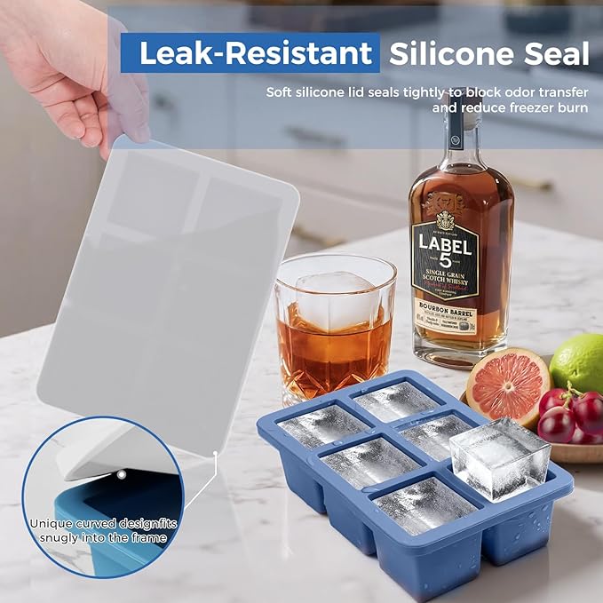 mossime Silicone Ice Cube Tray: 4pack Square Whiskey Large Ice Cube Molds - Old Fashioned Ice Cube Trays with Lid - 2inch Easy Release Big Freezer Mold for Cocktail Food Soup & Juice - Image 9