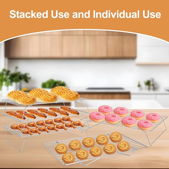 Cooling Rack for Baking 3 Tiers, 16" x 10" Cookie Cooling Wire Rack Stackable Collapsible Nonstick, Stainless Steel Baking Cooking Cooling Racks with Optimum Air Flow, Silver - Image 7