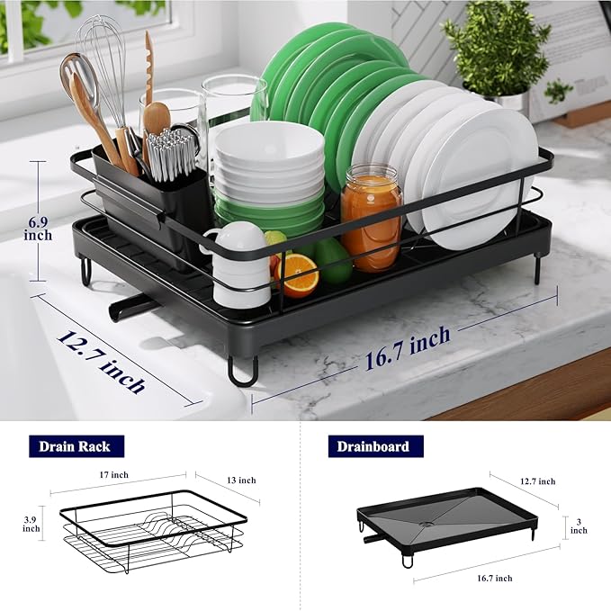Kitsure Dish Drying Rack for Kitchen Counter, Stainless Steel Sink Organization and Storage Essentials with Cutlery Holder, Home and Appartment Decor, 12.7''W x 16.7''L, Black - Image 2
