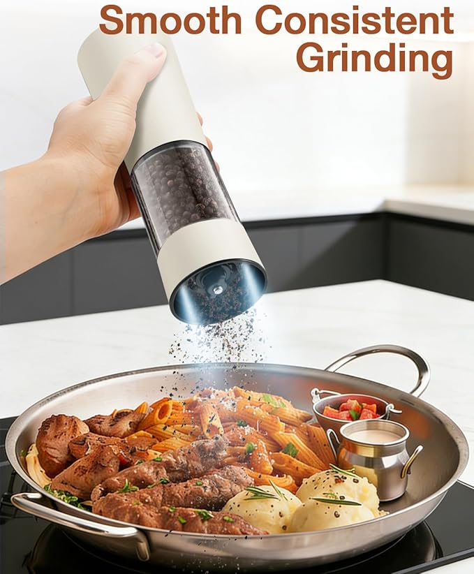 Electric Salt and Pepper Grinder Set, Stainless Steel Automatic Pepper Mill, Rechargeable with USB-C Charging Base, Gravity Activated One-Handed Operation, Dual LED Light, 2 Pack