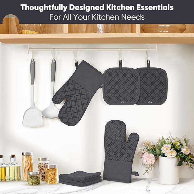 Oven Mitts and Pot Holders Set with Dishcloths, 500 Degree Heat Resistant Oven Gloves and Hot Pads, Premium Soft Cotton Kitchen Mittens and Dish Cloth Sets-Deep Grey - Image 7