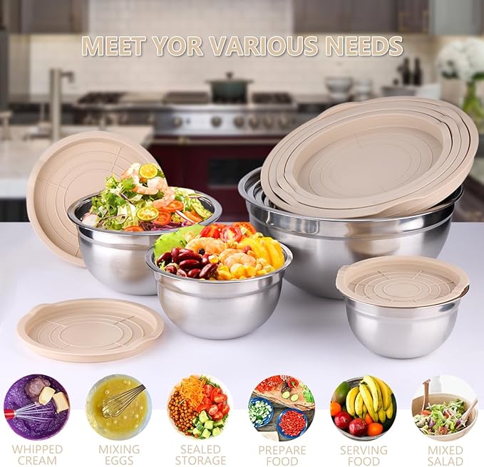 Leidawn Mixing Bowls with Lids set - 25 PCS Stainless Steel Nesting Khaki Mixing Bowls Set for Baking,Mixing,Serving & Prepping,Size 5, 3.7, 2.8, 2.3, 1.7, 1.1, 0.7QT, 11 Cooking Utensils - Image 7