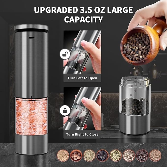 Haomacro Electric Salt and Pepper Grinder Set, Upgraded Larger Capacity Stainless Steel Automatic Salt and Pepper Mill Set Refillable with 5 Adjustable Coarseness Stainless Steel Top button Shaker
