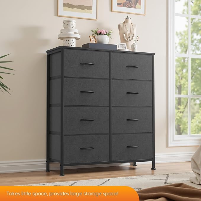 Sweetcrispy Dresser for Bedroom, Fabric Dresser with 8 Drawers, Chest of Drawers for Closet, Living Room, Sturdy Steel Frame, Wooden Top, Easy Pull Handle, Ash