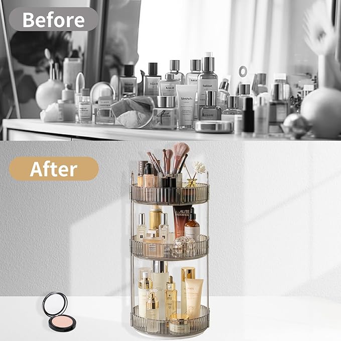 Asayuee 360 Rotating Makeup Organizer,3 Tier Large Capacity Make Up Organizers and Storage,Skincare Perfume Vanity Organizers,Bathroom Cosmetics Storage Organizer Countertop(Grey) - Image 5