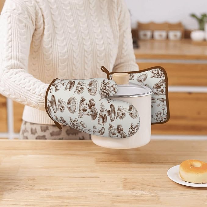 Aesthetics Mushroom Silicone Oven Mitts Pan Mats Set of 2, Heat Resistant Gloves Potholder with Non-Slip Grips Hanging Loops Pot Holder, Spring Summer for Chef Cooking, Baking, Grilling, BBQ