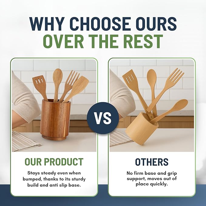 Linda's Essentials Acacia Wooden Utensil Holder for Kitchen Counter, 7.2" Wood Utensil Holder Counter, Kitchen Utensils Holder with 360° Rotation, Non-Slip Large Utensils Holders, Spatula Holders - Image 8