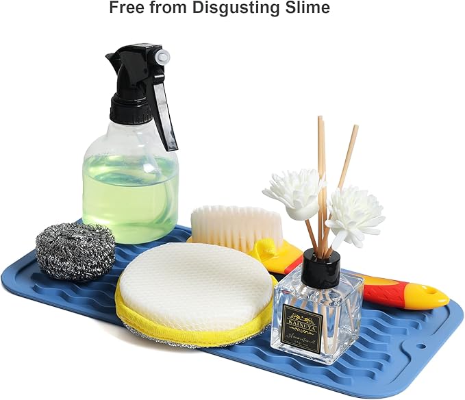 ZLR Silicone Sponge Holder & Sink Caddy Tray (6" x 12") - Narrow Dish Drying Mat for Kitchen Counter - Waterproof Soap Dispenser Organizer, Non-Slip Bathroom Vanity Tray (Lichen Blue) - Image 9