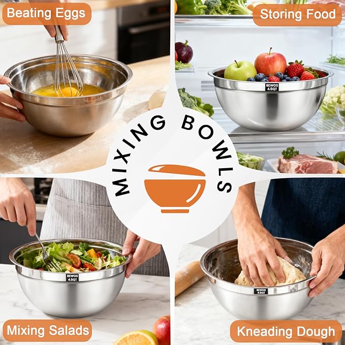 BEWOS Mixing Bowls with Lids Set - 5 Pcs Stainless Steel Mixing Bowls With 3 Grater Attachments, Size 4.5, 4, 3.5, 2.1, 1.5QT Metal Bowls for Baking and Serving (Colored) - Image 7