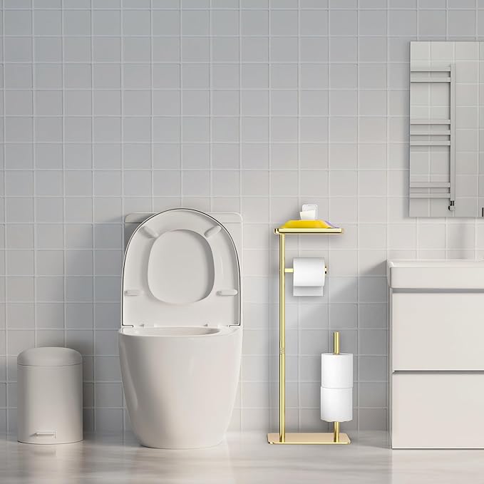 Day Moon™ - Toilet Paper Holder - Modern Roll Holder for Bathroom - 1 Pack - Free Standing - with Shelf, Gold - Image 9