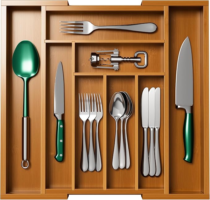 Pipishell Bamboo Expandable Drawer Organizer for Utensils Holder, Adjustable Silverware Organizer Cutlery Tray, Drawer Dividers for Utensils, Flatware, Knives in Kitchen, Bedroom, Living Room(M-Brown) - Image 7