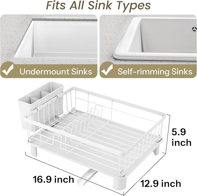 SNTD Dish Drying Rack - Small Dish Rack for Kitchen Counter, Stainless Steel Dish Drainer with Utensil Holder and Drainboard, 12.9" W x 16.9" L (White) - Image 2
