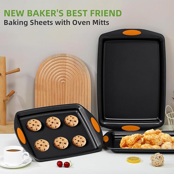 5-Piece Nonstick Baking Pans Set - Premium Carbon Steel Bakeware with PFOA/PFOS/PTFE-Free Coating, Red Silicone Handles (Black Orange) - Image 7