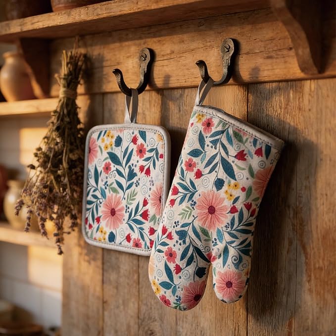 Floral Oven Mitts and Pot Holders Sets 2 Pcs, Canvas Heat Resistant Kitchen Mittens with Hot Pads, Vintage Farmhouse Country Decor, Non-Slip Cooking Baking Grilling Gifts for Women Mom (Flower2)