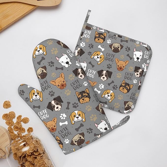 Cute Dog Oven Mitts and Pot Holders Sets Heat Resistant Non-Slip Silicone Oven Gloves Kitchen Accessories for Cooking Baking Grilling BBQ