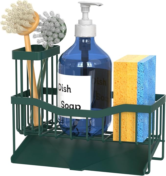 Fssvcd Maifan Sink Caddy Sponge Holder for Kitchen with Brush Holder and Stainless Steel Self Drain Tray, Rustproof Kitchen Sink Organizer for Sponge, Soap Dispenser Storage Accessories Dark Green - Image 7