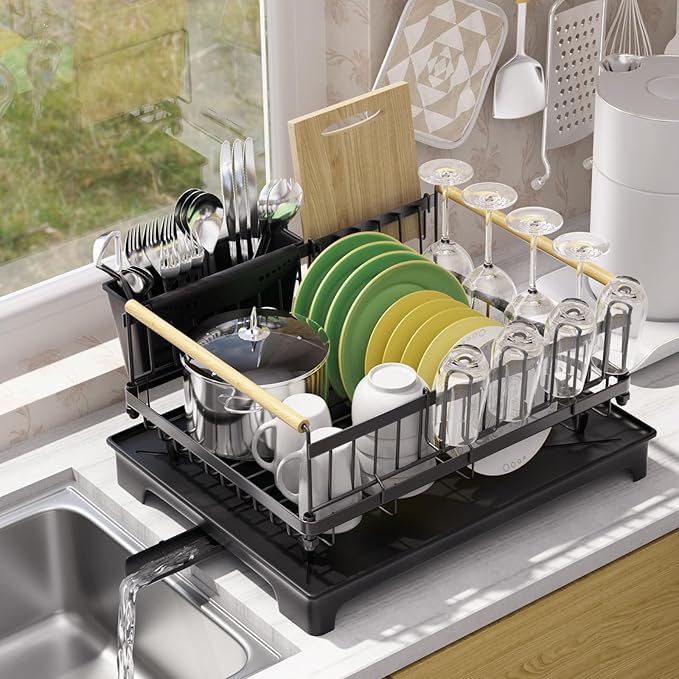 Dish Rack with Drainboard Large Capacity Anti-Rust Kitchen Counter Organizer with Cup, Utensil & Cutting Board Holders, Heavy Duty Dish Drying Rack for Dishes, Spoons and Forks