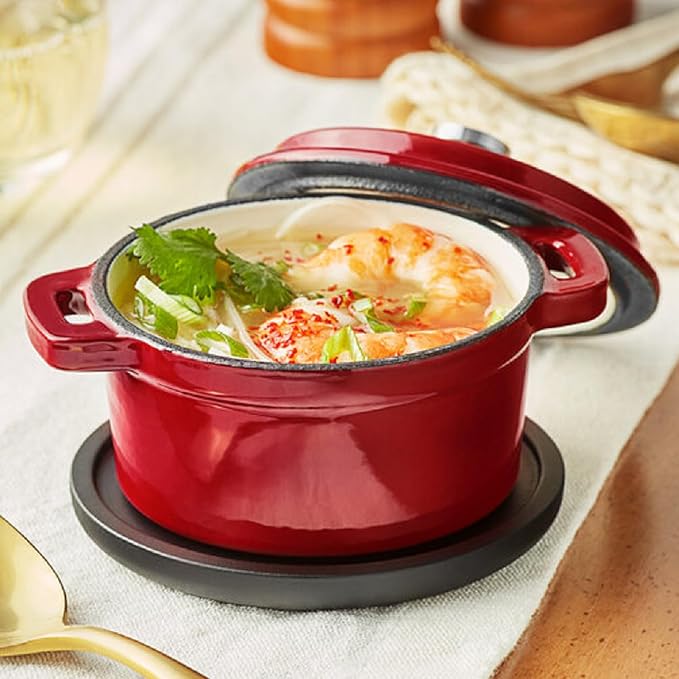 Flavehc Mini Cocotte 16 oz Mini Dutch Oven 0.5 qt. Cast Iron Garlic Roaster for Oven Garlic Confit Pot Ramekins with Lids Oven Safe Set of 2, Red