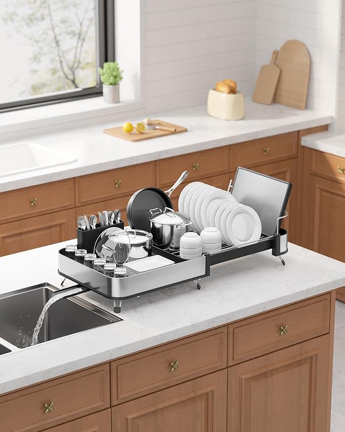 Kitsure Dish Drying Rack - Expandable Stainless Steel Dish Racks for Kitchen Counter, Auto-Drain Drying Rack for Kitchen with Cutlery Holder & Non-Slip Feet, 16.1-26.6" L x 12.6" W, Black - Image 9