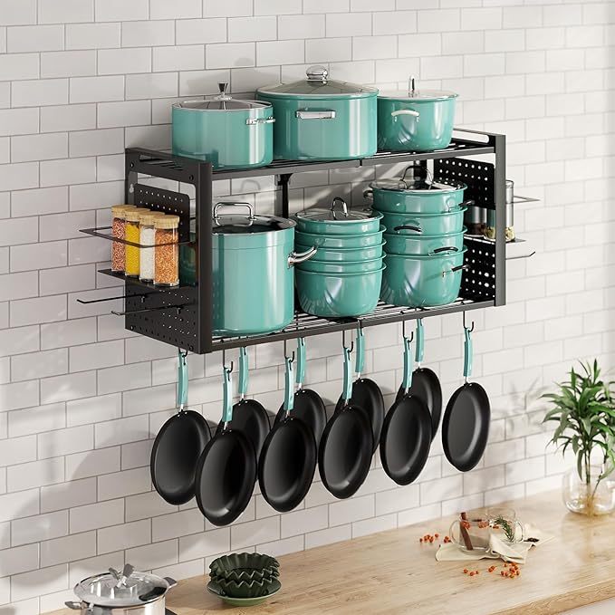 31 Inch Pot Rack Wall Mounted, 2-Tier Pots and Pans Organizer with 20 Hooks & Pan Organizer and Spice Rack, Heavy Duty Hanging Pot Hanger for Kitchen Cookware, Utensils, Black - Image 7