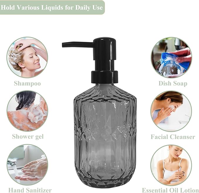 Grey Glass Soap Dispenser with Black Pump, 15oz Liquid Hand Dispenser, Refillable Lotion Dish Soap Dispenser for Modern Home Decor, Bathroom, Kitchen Countertop, Hotel