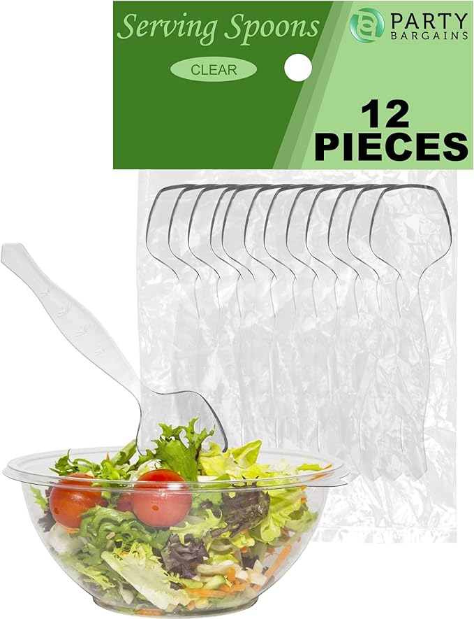 PARTY BARGAINS Disposable Clear Plastic Serving Spoons 8.75″ – Heavy-Duty Clear Plastic Spoons for Parties, Catering, Weddings, Events – 12 Count