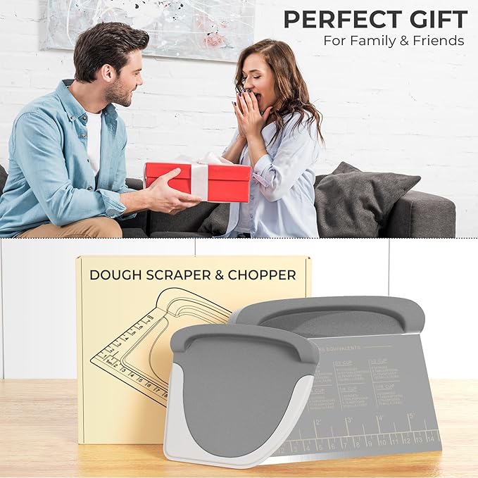 Bench Scraper Dough Cutter Tool - Bowl Pastry Scraper for Bread Cake Pizza, Bench Knife Kitchen Dough Scraper for Baking, Stainless Steel Food Scraper with Grip Handles & Measuring Scale, Grey, Gray - Image 7