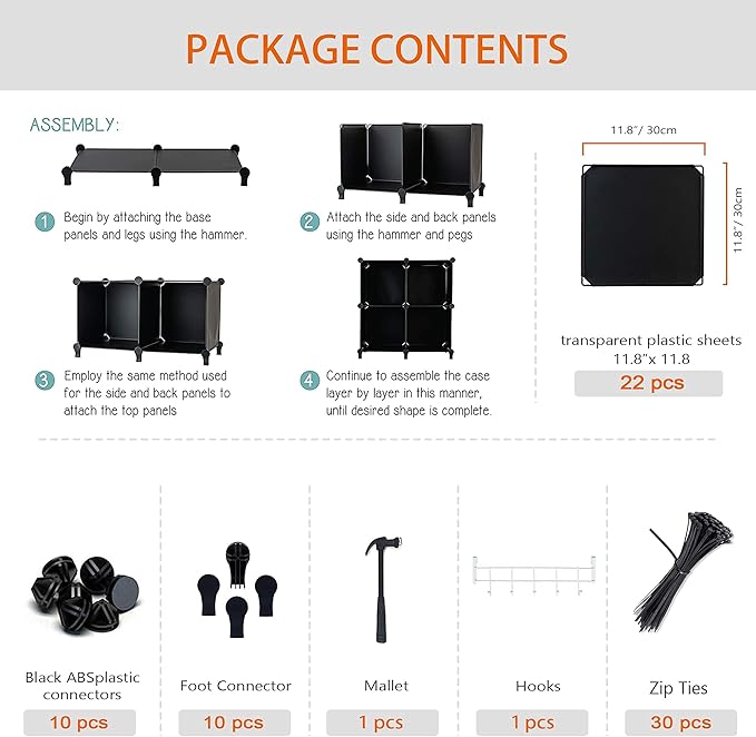 6-Cube Storage Organizer, Closet Organizer Storage Cabinet Shelf Bookcase Bookshelf with Metal Hammer, Storage Cubes Organizer Cabinet for Kids, Closet, Bedroom, Bathroom(11.8x11.8x11.8 inch)Black - Image 9