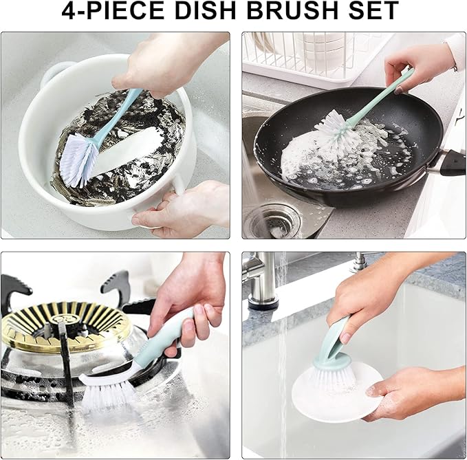 Dish Brush with Handle, Kitchen Dish Scrub Brush Set, 4-Piece Kitchen Cleaning Brush Set for Pots and Bottles, Nordic Green - Image 7
