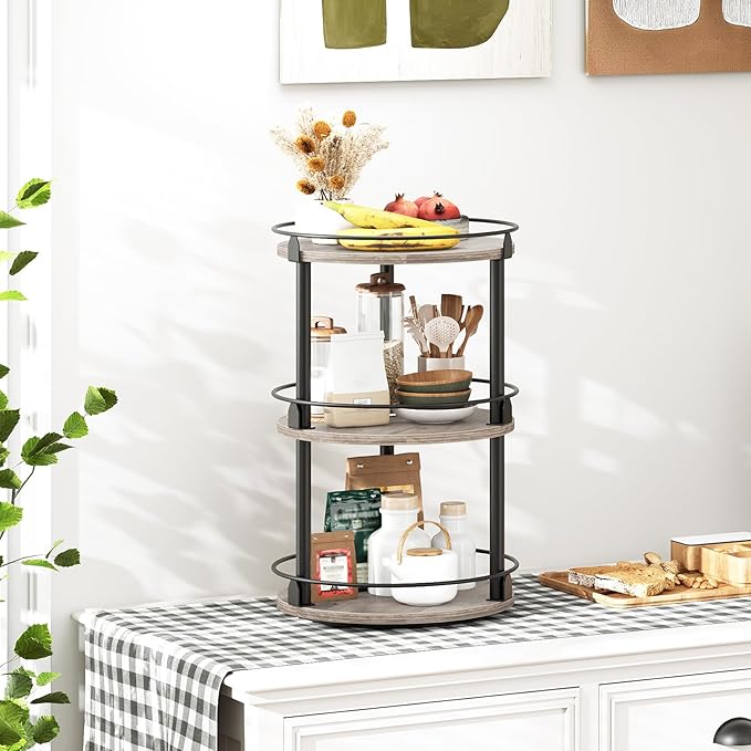 YATINEY 3-Tier Lazy Susan Organizer, Rotating Spice Rack, Spinning Organizer, Industrial Turntable Spice Rack Organizer for Cabinet, Kitchen Countertop, Greige and Black SR23BG - Image 9