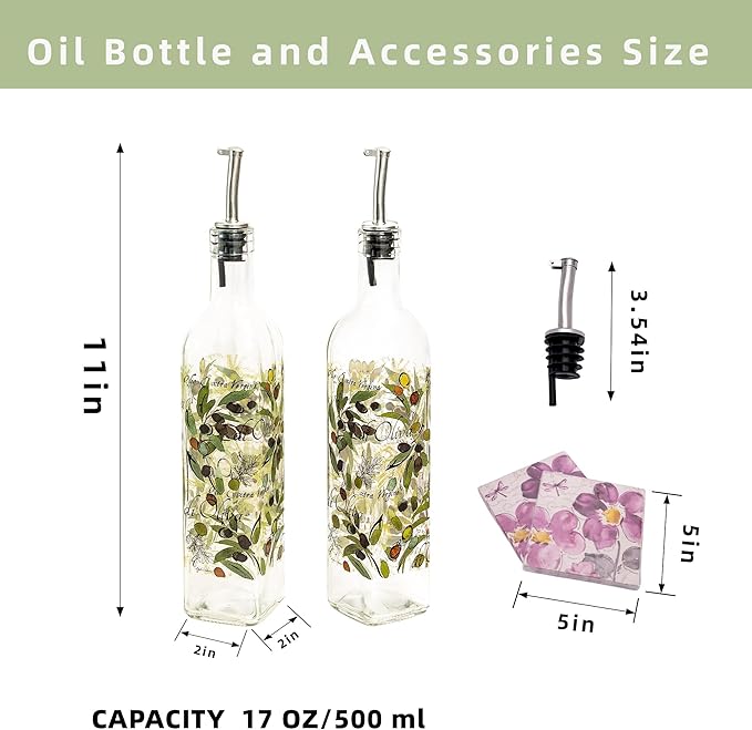 Topadorn 17 oz Olive Oil Dispenser Bottle Set for Kitchen, 2 Pcs Glass Oil Dispenser Bottle with Stainless Steel Pourers, 2 Packs of Napkins, Fruit