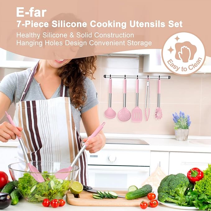 E-far Silicone Cooking Utensils Set, 7 Pcs Heat Resistant Kitchen Utensils with Stainless Steel Handle, Slotted Turner, Spoon, Soup Ladle, Pasta Server, Skimmer, Tongs for Nonstick Cookware, Pink - Image 7