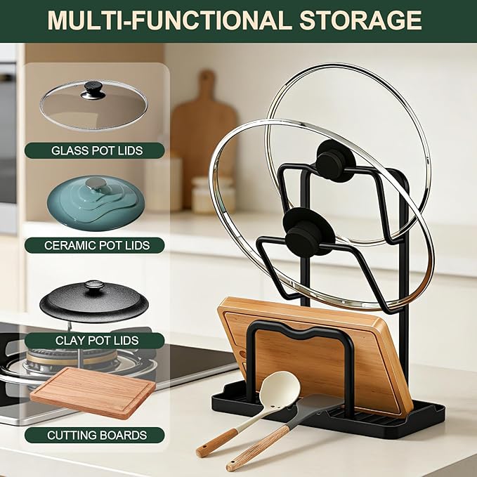 Kitchen Pot Lid Storage Rack: Carbon Steel Double Layer Pot Lid Organizer with Tray, Multifunctional Pot Lid Holder While Cooking, Saving Space Organizer Storage for Kitchen Countertop (Black) - Image 8