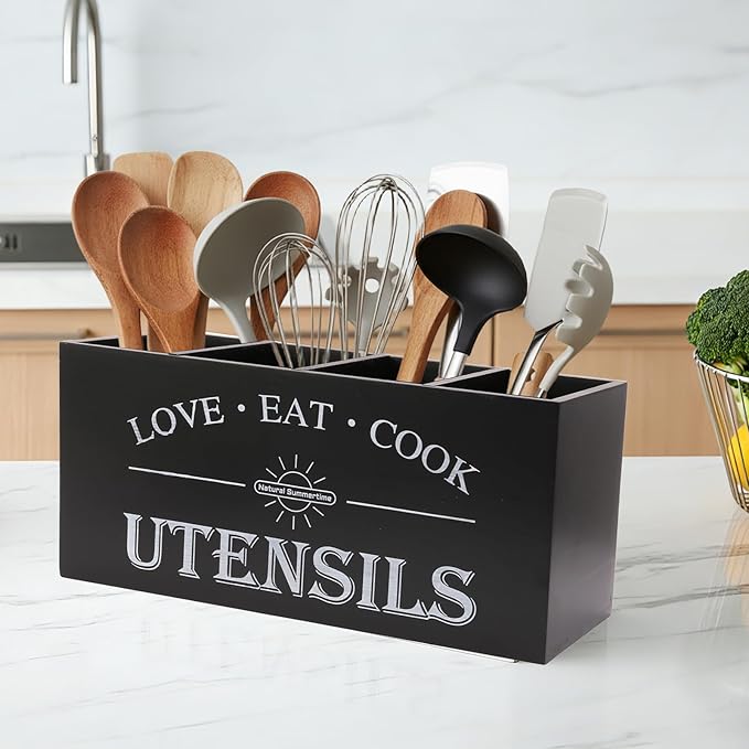 2 PC Wooden Utensil Holder,(With 4-Compartments size*1 + 3-Compartments size*1) Extra Large Kitchen Counter,Cooking Spatula Organizer,Farmhouse Decor, Rustic Cooking Utensil - Image 7
