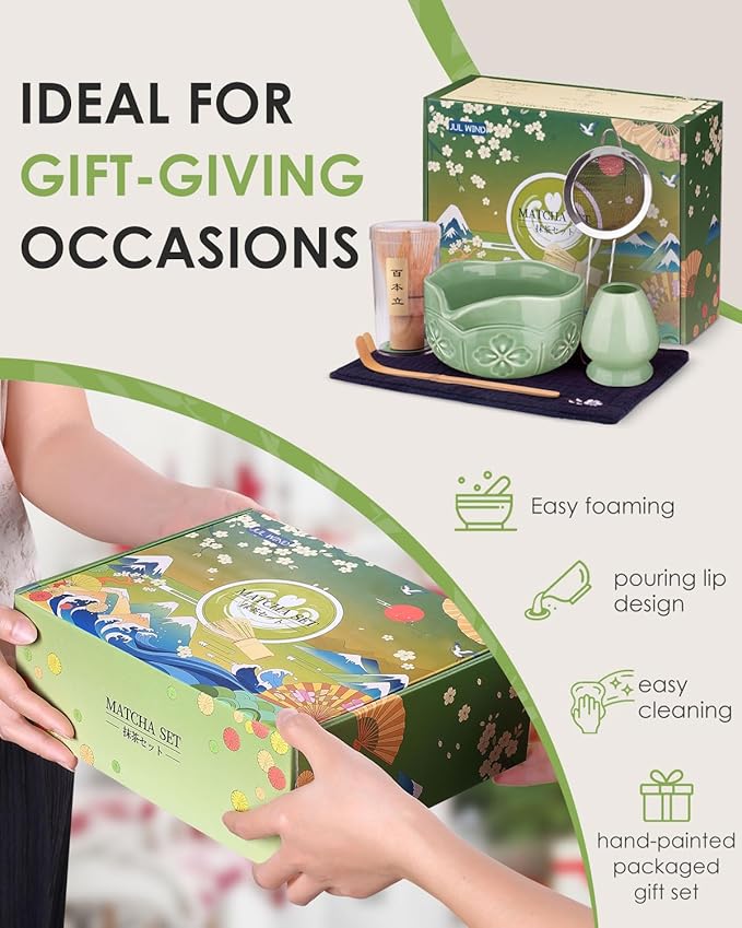 Matcha Whisk Set, Ceramic Matcha Bowl, Bamboo Whisk, Scoop, Sifter, Holder, Tea Towel - 6 Pcs Matcha Kit Gift for Matcha Lovers Beginners (Green) - Image 7