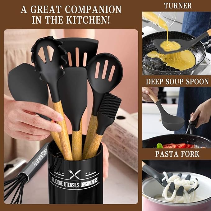 Umite Chef Kitchen Cooking Utensils Set, 33 pcs Non-Stick Silicone Cooking Kitchen Spatula Set with Holder, Wooden Handle Silicone Kitchen Gadgets Utensil Set (Black) - Image 7