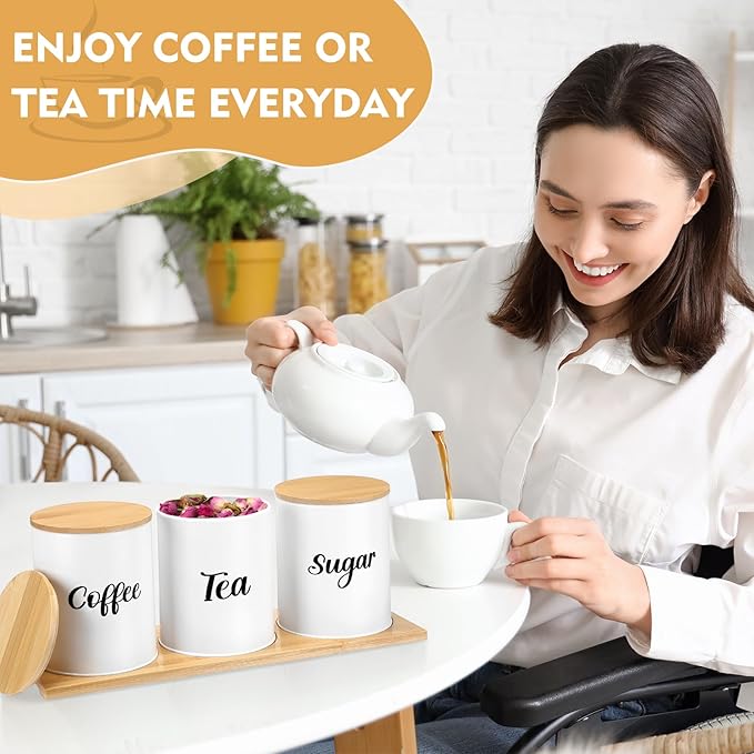 Reallnaive Coffee Tea Sugar Container Set with Tray, Set of 3 Airtight Metal Canister with Bamboo Lids, Farmhouse Kitchen Counter Organizer for Coffee Bar and Drink Station (White)
