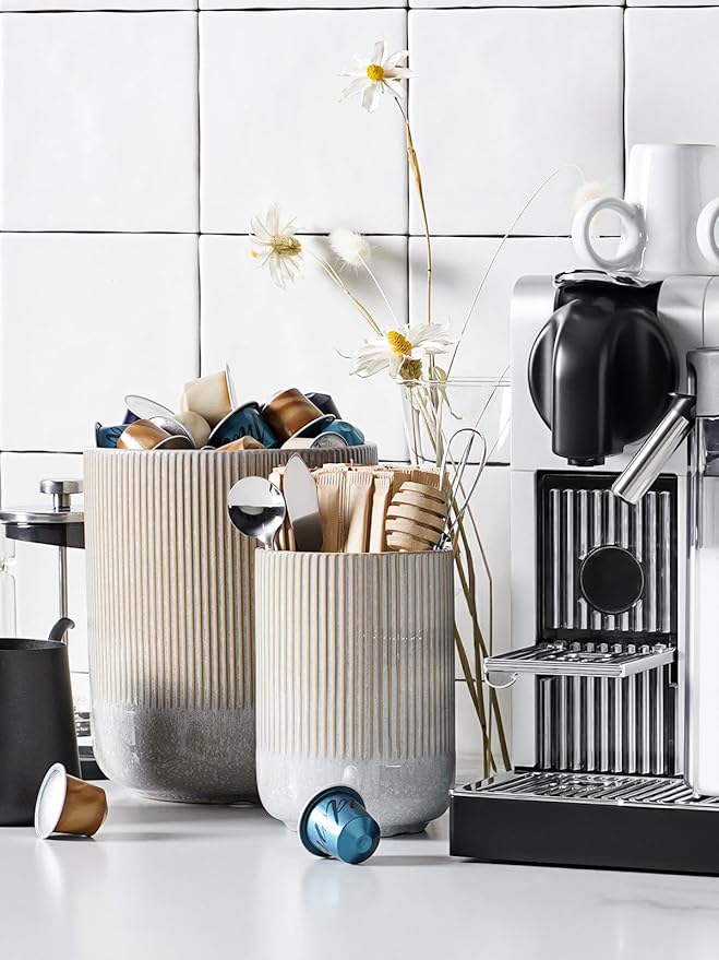 LE TAUCI Utensil Holder for Kitchen Counter, 7.3"+5.4" Fluted Ceramic Utensil Crock Organizer for Countertop, Heavy Large Holder for Spatulas, Spoons, Set of 2, Gray Marble - Image 6