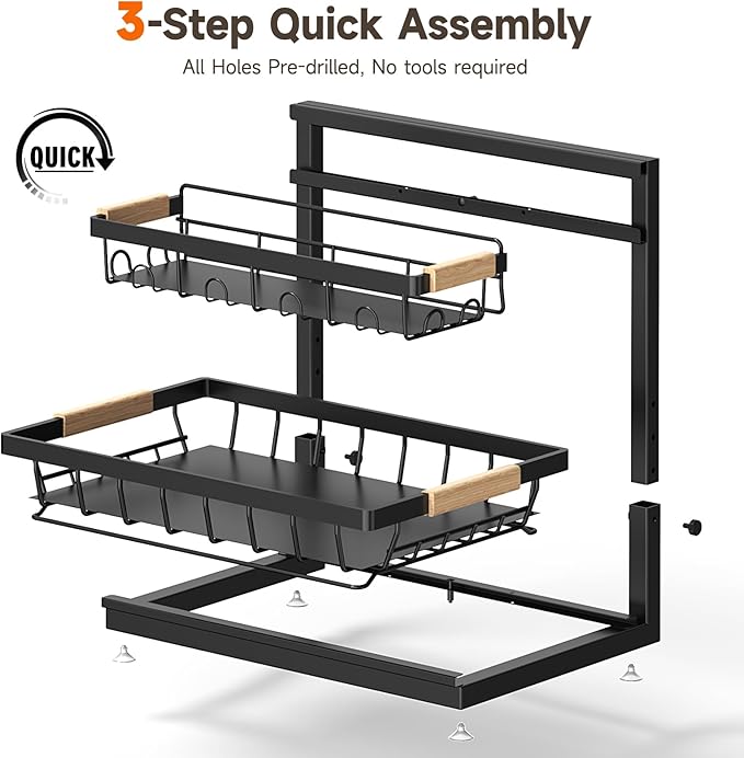Sevenblue 2 Packs Under Sink Organizer, Height Adjustable 2 Tier Under Kitchen Sink Organizer, Multi-Purpose Storage Shelf for Kitchen Bathroom Cabinet (Black, Large) - Image 8